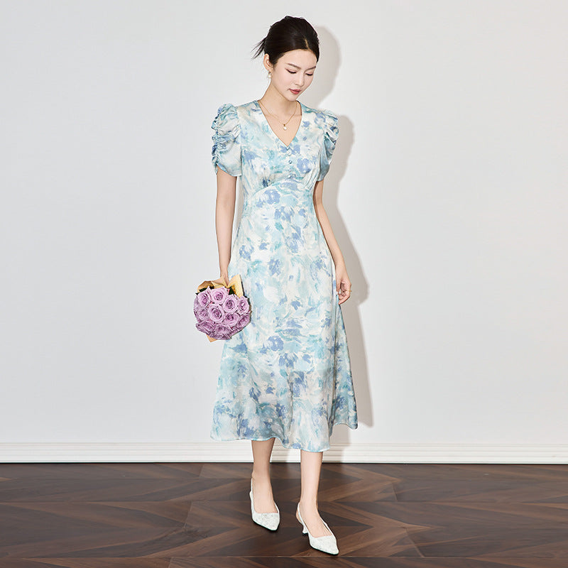 Elegant Bubble Sleeve Long Dress Slimming High Waist Floral Embroidery Chiffon Summer New Style White Puff Sleeve Dress