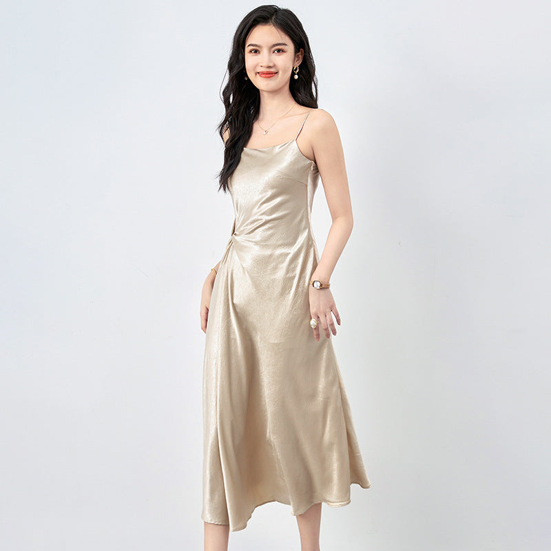 Elegant Satin Wrap Dress with Knot Detail High Waist Midi Skirt A- Line Silhouette Sleeveless Chinoiserie Style for Party Wear