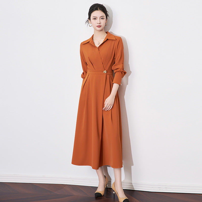 French Long-sleeve Shirt Dress for Women 2026 Autumn New A-line Office Lady Solid Midi Dresses Vestidos