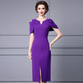 Elegant Short Sleeve Dress for Important Occasions Beautifully Embellished with Rhinestones Knee-Length V-Neck Midi Dress