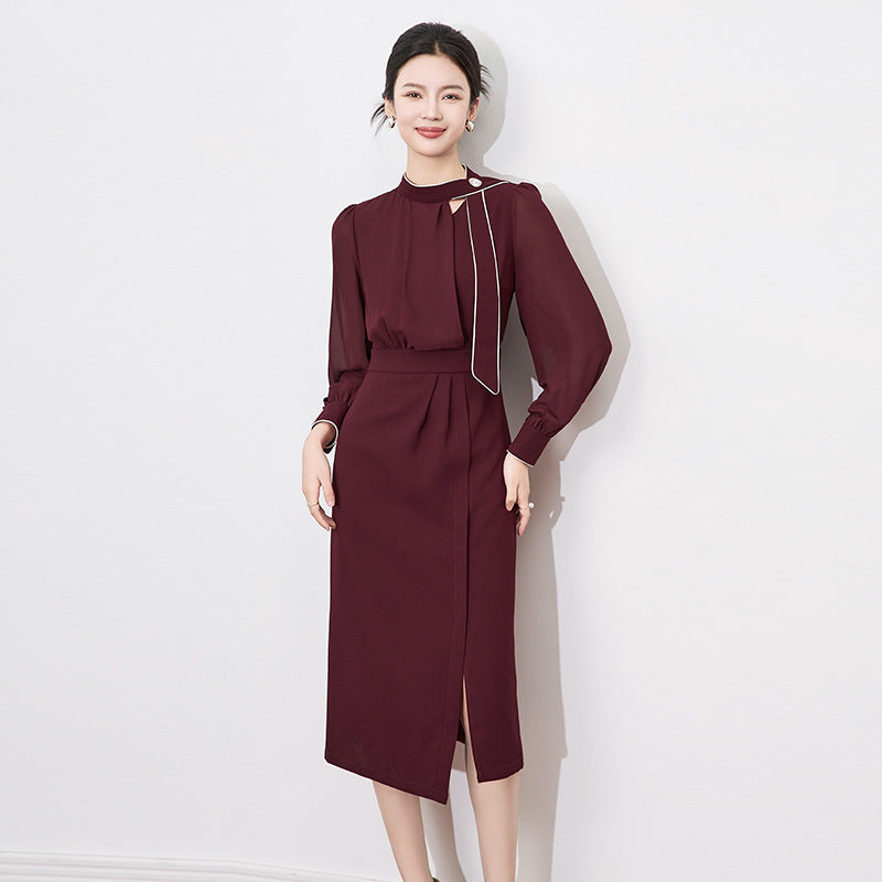 Solid Color Long Sleeve High Wasit Stand Collar Luxury Split Dress For Women Spring Fashion Female New Dresses