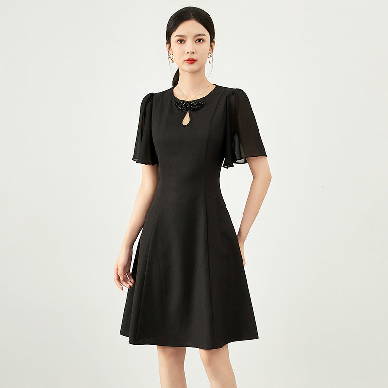 French Temperament Elegant Fashion Black Dresses Round Neck Diamond Ruffles Sleeve High Waist Slim A-line Summer Dress for Women