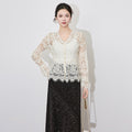 Lace Hollow out Long Sve Women's irt Inner Wear Top Commute Sle V Ne Bell Sve Regular Length Pure Color