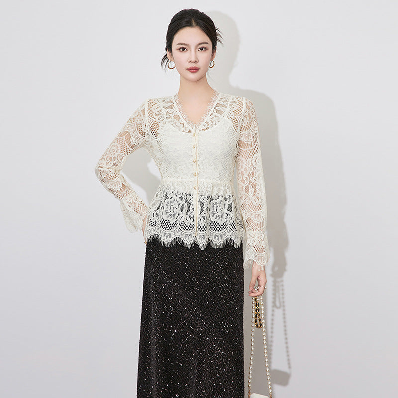 Lace Hollow out Long Sve Women's irt Inner Wear Top Commute Sle V Ne Bell Sve Regular Length Pure Color