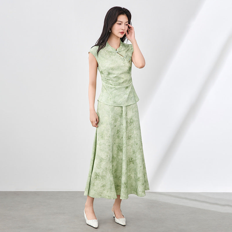 Women's Green Short-sleeved Dress Summer Style New Chinese-style National Style Cheongsam Long Dress