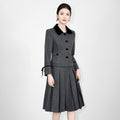 Women Wool Blend Fashion Set Detachable Scarf Short Coat + Slit Pleated Skirt