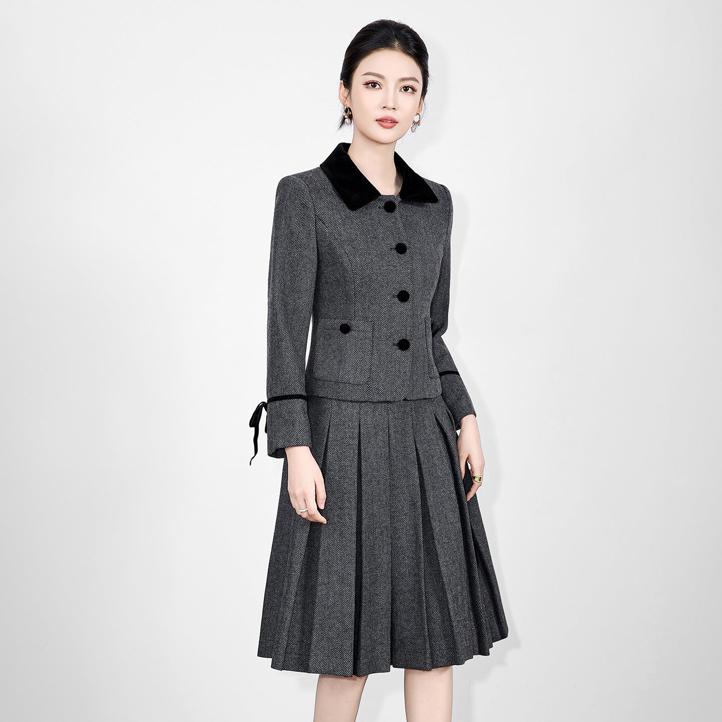 Women Wool Blend Fashion Set Detachable Scarf Short Coat + Slit Pleated Skirt