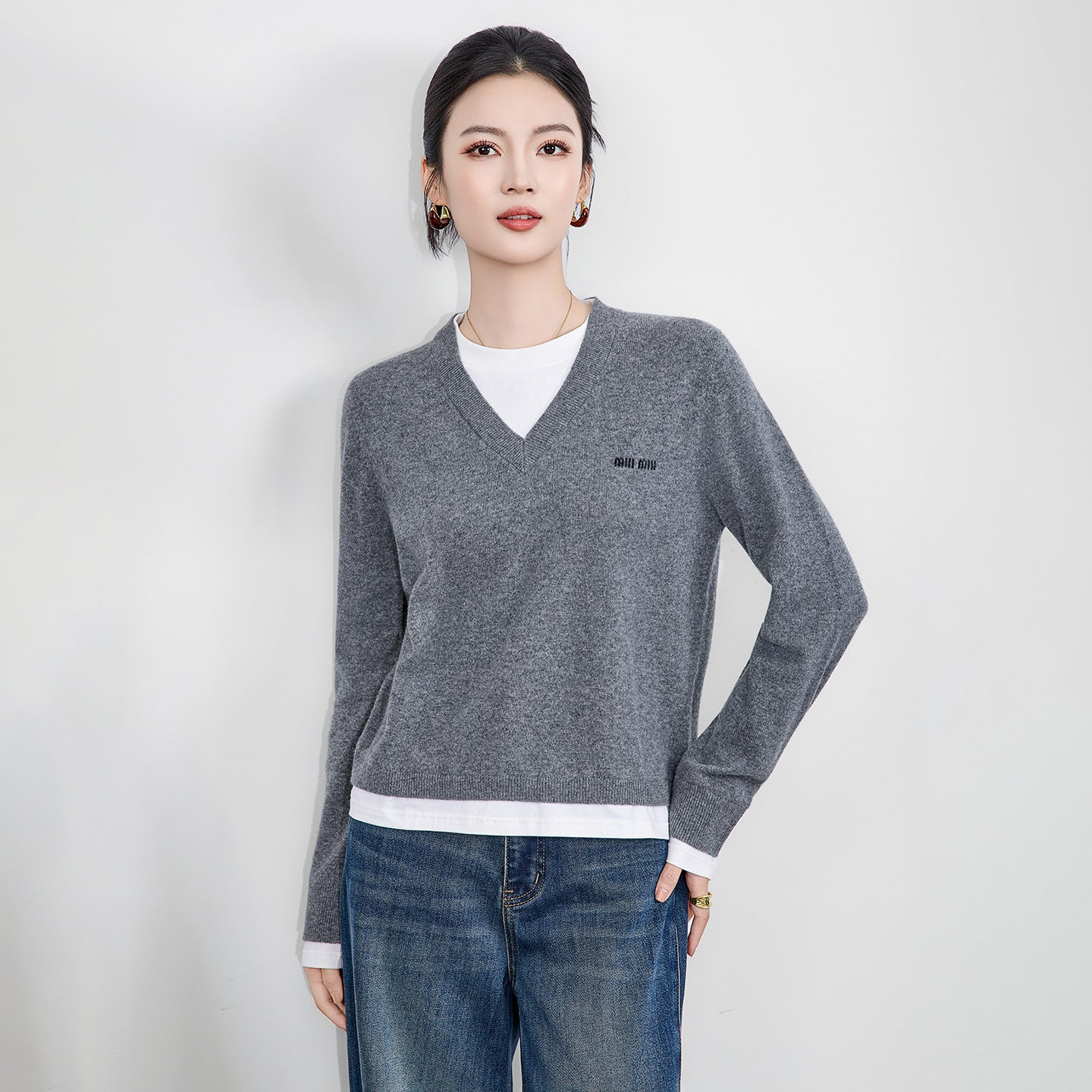 Spring Knitted Splice Base irt Fake Two-Piece Casual Sle Long Sve V-Ne Women's Open Cardigan
