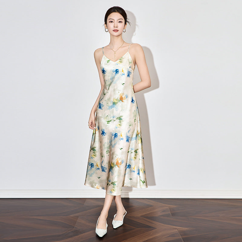 Sexy Lace Halter Neck Strap Dress Women's Summer New Ink Painting Print Slim Long Skirt Street Style High Waist Floral Street