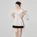 Women's Knit Robe Pleated Short Sleeve Splice Mini Dress Single-breasted Female Summer Casual Wear