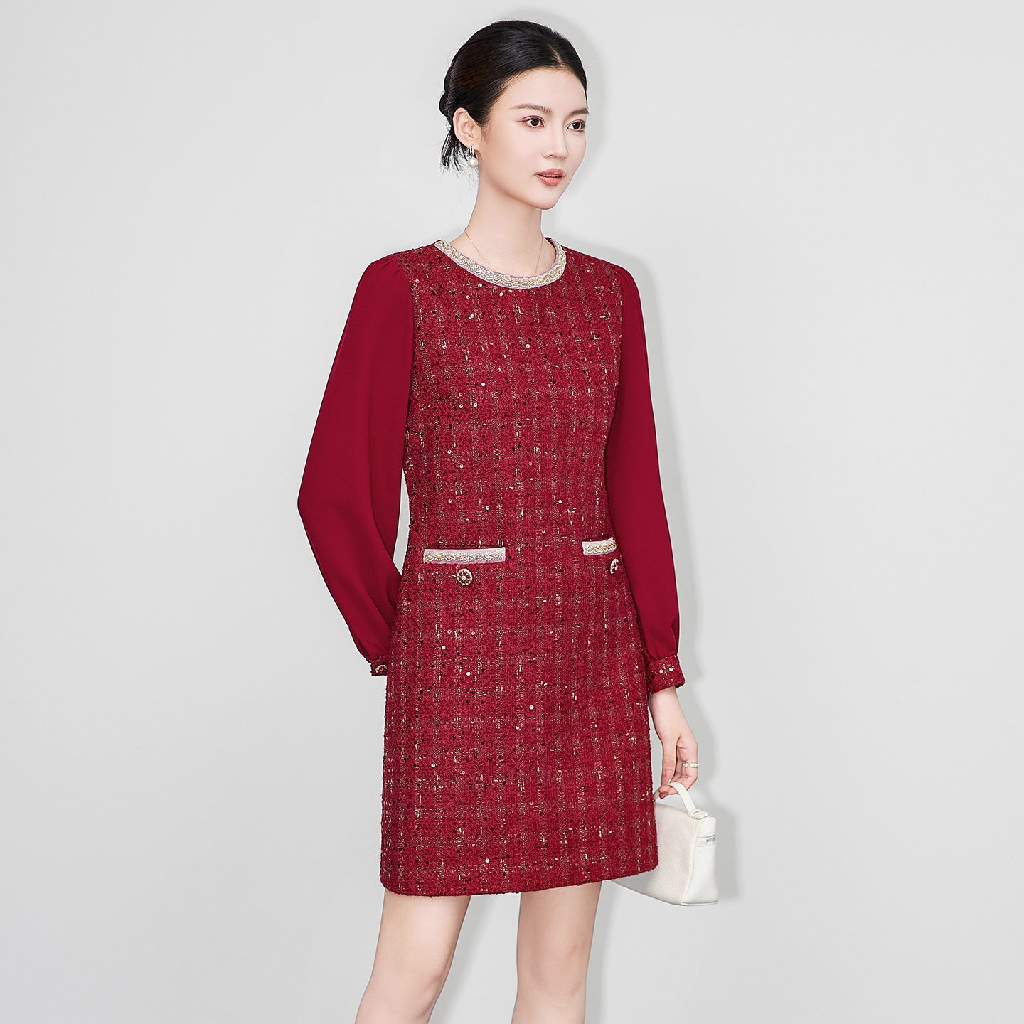 Elegant Ladylike Tweed Style Long Sleeve Women's Dress Slimming Waist Design Autumn Winter New Arrival Fashionable Knitted Gown