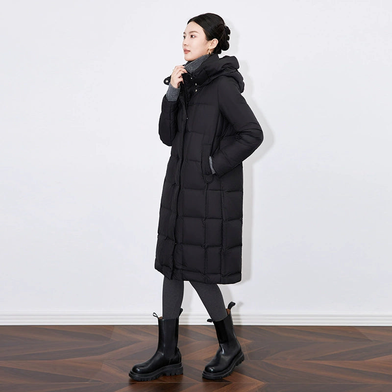 Women's Long Hooded down Jacket Waist-Cinching Belted Warmth Duck down Coat Stylish Commute Style High Density Ultrafine