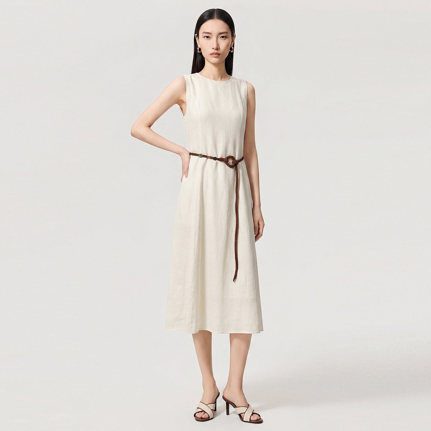 French Country Lazy Cotton And Linen Dress With Belt Minimalist Commuting Leisure Midi Sleeveless Dress Tank Dress Womens