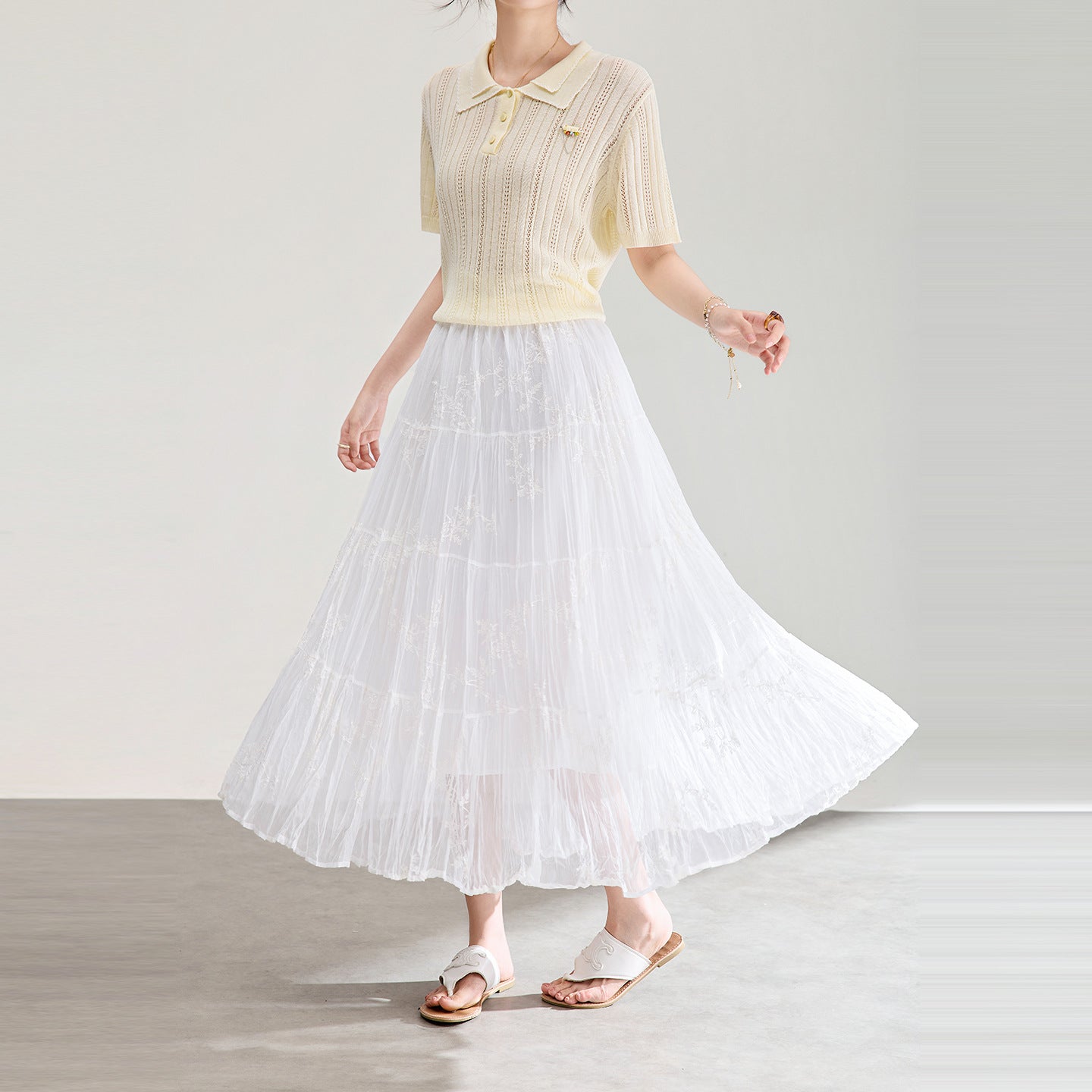 High Waist Bamboo Fiber Mesh Skirt Textured Patchwork Spring Autumn Midi Skirt Polyester No Ironing Treatment