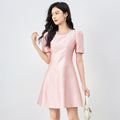 Elegant Simple Pink Dress Pearl Collar Women's Dress Slimming Midi Dress Knitted Fabric round Neck Short Sleeve mid Waist