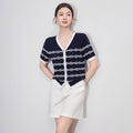 Elegant V-neck Ice Silk Striped Short Sleeve Knitted Cardigan T-shirt Women Summer Korean Style Slim Fit Knitwear Tops Tees