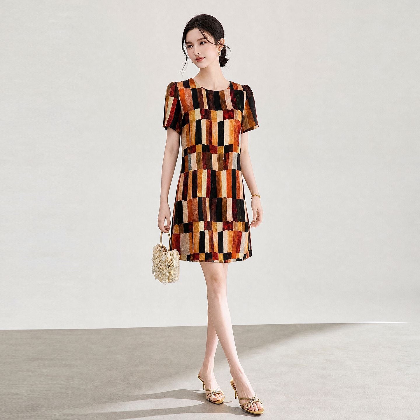 Round Neck Linen Viscose Plaid Printed Sleeveless Vest Mini Dress For Women