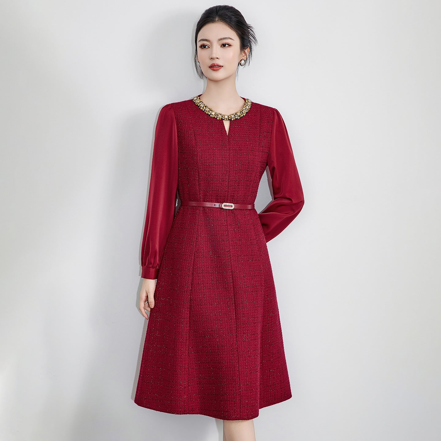 French Style Elegant Commuting Diamond Round Neck Long Sleeve High Waist Belt Slim Fit A-line Tweed Long Dress for Women Autumn