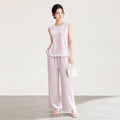 Two-Piece Pant Set Women Fashion Ruffle Patch Hem Sleeveless Slim Top Elastic Waist Wide Leg Trousers Elegant Outfit