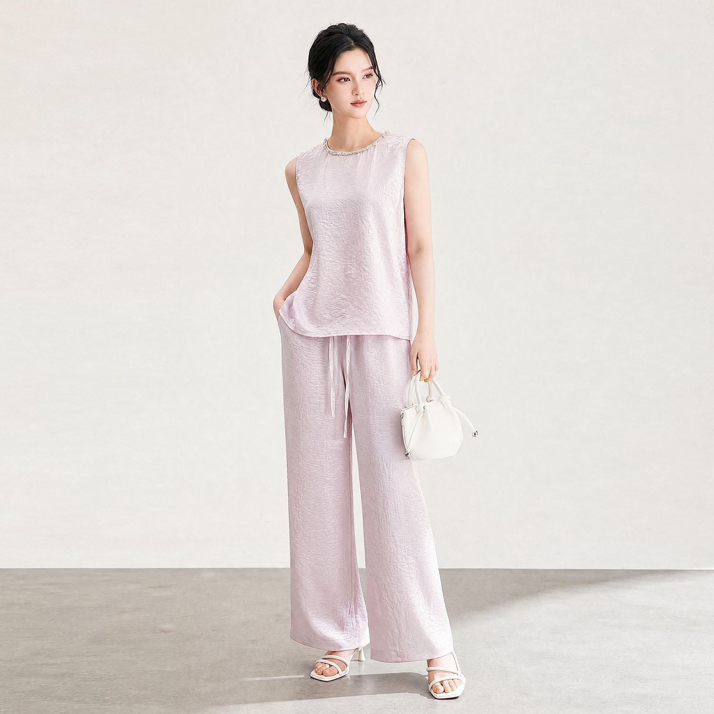 Two-Piece Pant Set Women Fashion Ruffle Patch Hem Sleeveless Slim Top Elastic Waist Wide Leg Trousers Elegant Outfit
