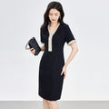 French Luxury Short Sleeve Women's Dress Beaded Waist Cinching A- Line Skirt round Neckline Midi Length Commute Elegant Style