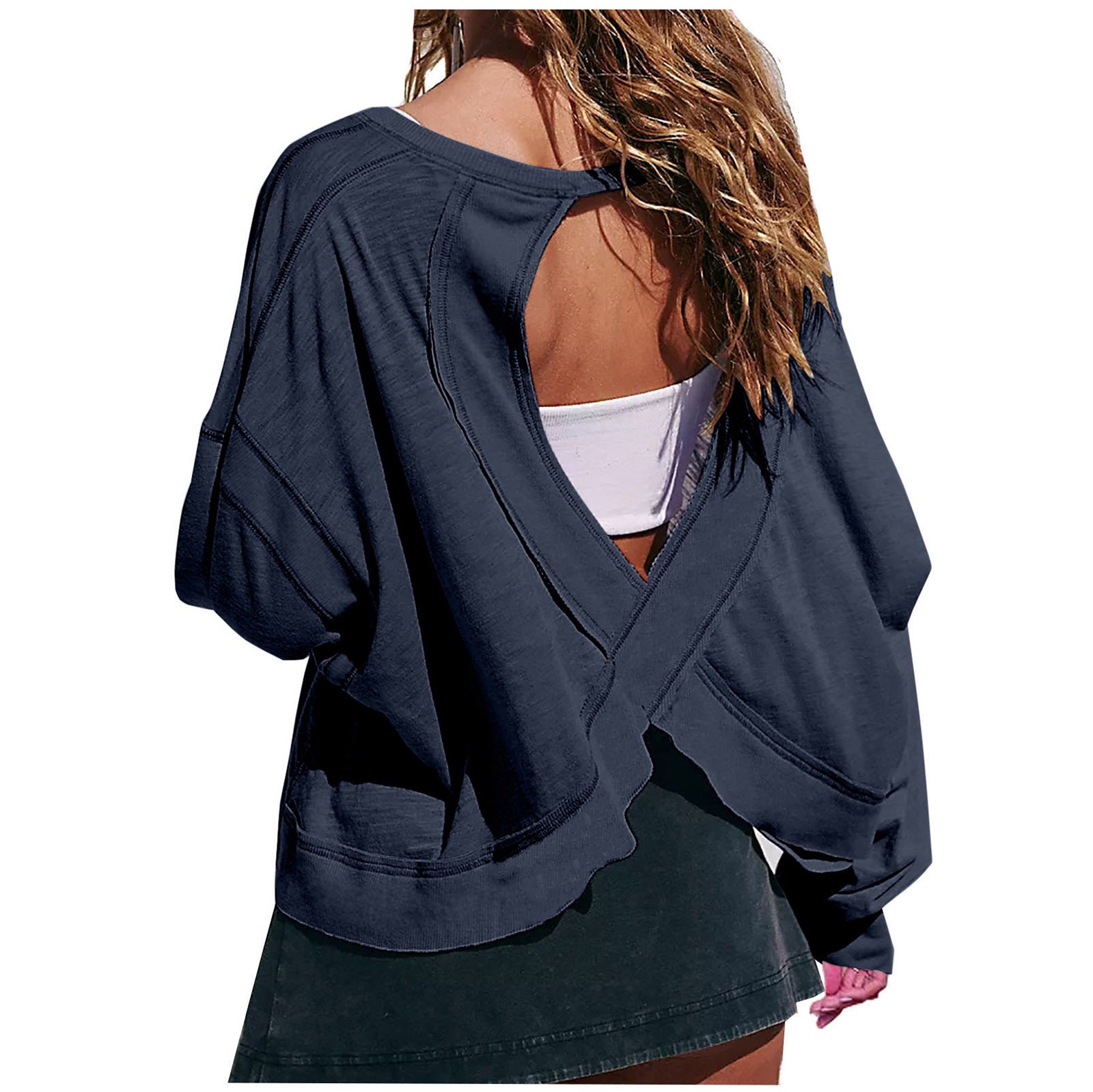 Women's T-shirt Spring Summer O-Neck Loose Long-sleeved Backless Hollow Out Personality Casual Tshirt Sports Tops