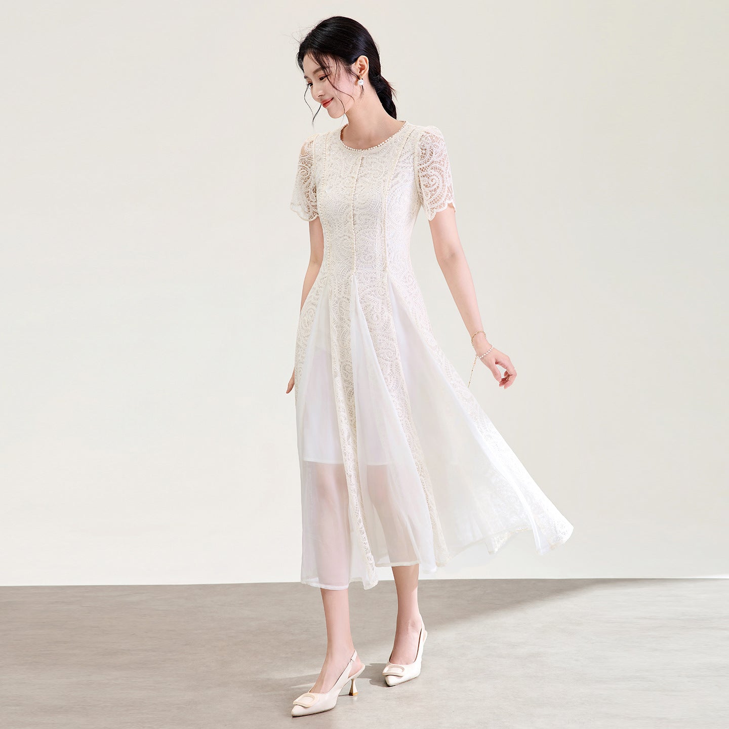 Summer Luxury Formal Evening Long Dresses Women Short Sleeve Embroidery Hollow Pearl Lace Dress