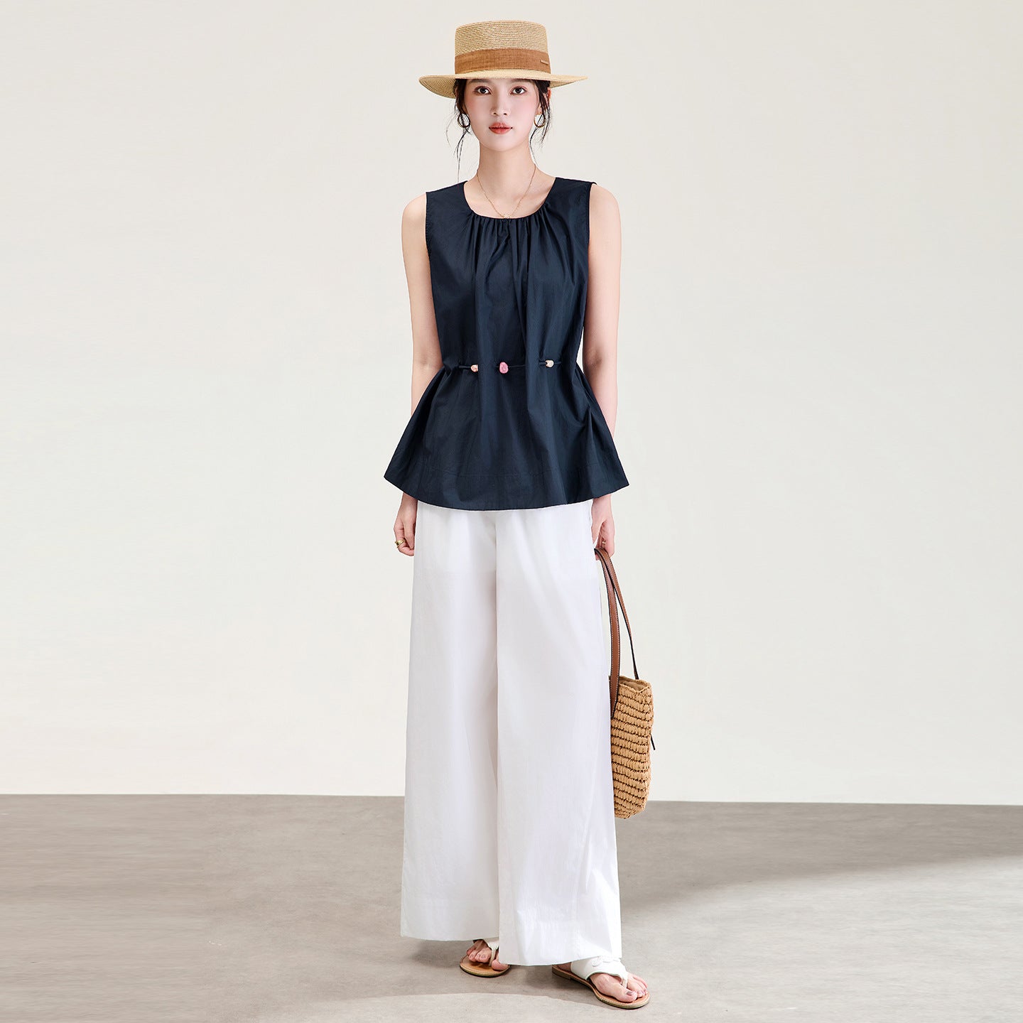 Blue Round Neck Short Sleeve Shirt Women Summer Waist Cinched Tie Bubble Sleeve Shirt Top Fresh Sweet Minimalist Style
