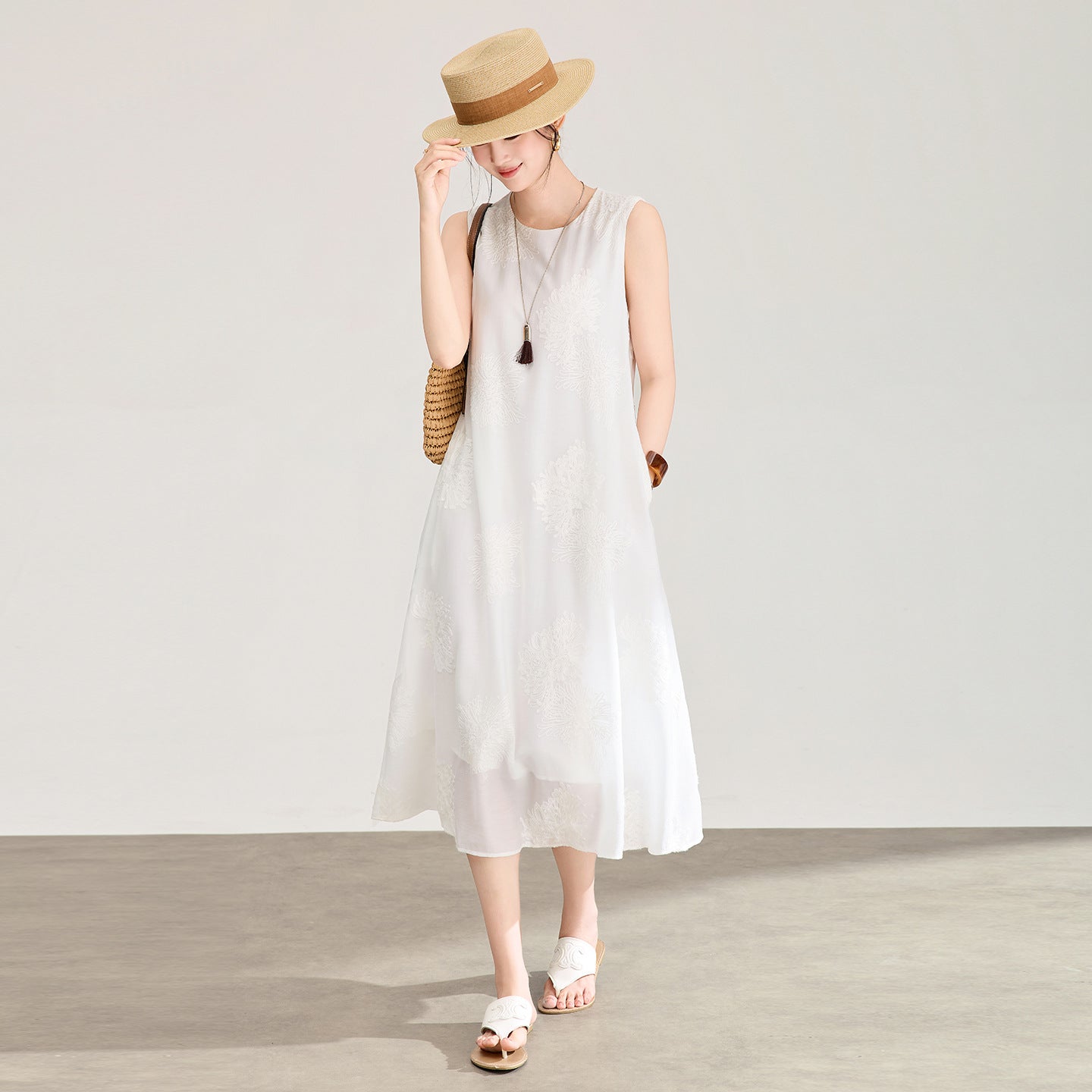 Elegant White Cotton Linen Summer Dress Women's Sleeveless Midi Dress Commute Style Neutral Body Type Casual Scene