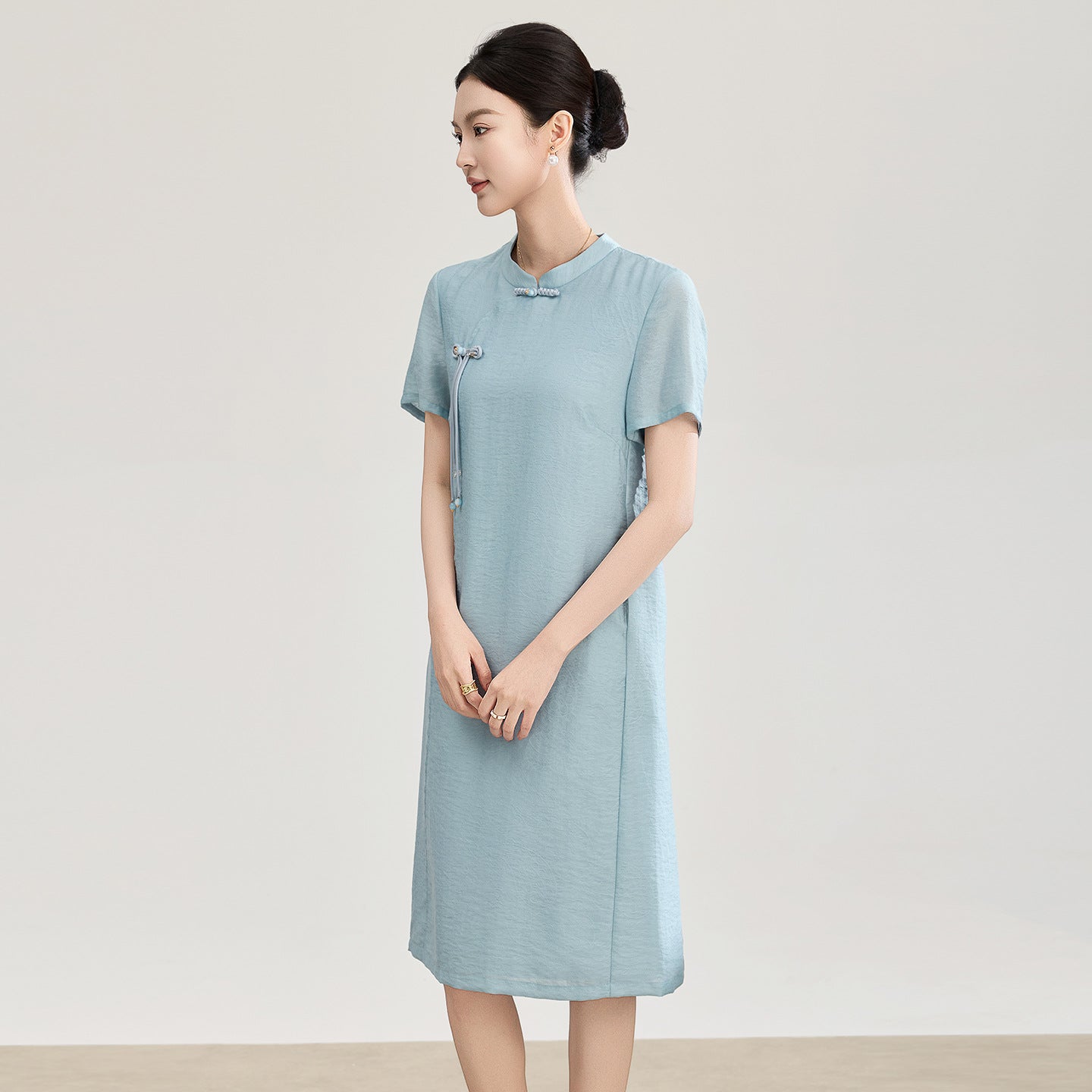 Vintage Stand Short Sleeve Dress For Women Solid Color Summer Cheongsam New A-Line Chinese Style Female Dress