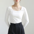 Square Collar Silk Rib Long Sleeve T-shirt Spring Autumn Women Slim Solid Color Basic Bottom Shirts Tops