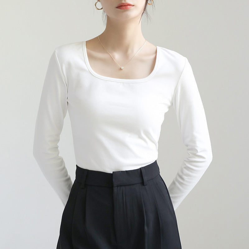 Square Collar Silk Rib Long Sleeve T-shirt Spring Autumn Women Slim Solid Color Basic Bottom Shirts Tops