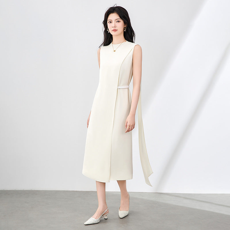 Elegant O-neck Beaded Flower Sleeveless Gown Design Sensation Dress Luxury Ladylike Midi A- line Skirt Polyester Cotton
