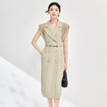 French Style Women's Dress Knee-Length Suit Collar Wrap Skirt Short Sleeve Bodycon Midi Dress Elegant Ladylike