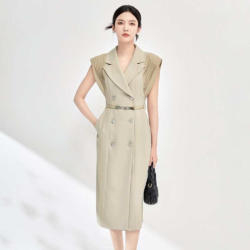 French Style Women's Dress Knee-Length Suit Collar Wrap Skirt Short Sleeve Bodycon Midi Dress Elegant Ladylike