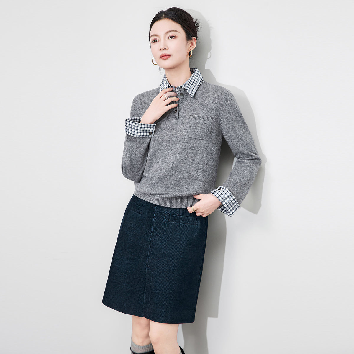 Women Fake Two Design Sweaters Patchwork Polo Neck Female Navy Blue Short Pullover Sweater Grey Casual Knit Top