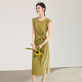 French Elegant Temperament Simple Dress Round Neck Sleeveless High Waist Belt Slim Lace Splicing Long Dress Women's Summer
