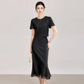 French Elegant Socialite Commuting Outfits Round Neck Short Sleeve Crop Tops Organza Spliced Mermaid Skirt Two-Piece Sets women