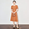 Elegant Office Lady Temperament Commuter Dress O-Neck Short Sleeve High Waist Belt Slim A-line Pleated Long Dress Women