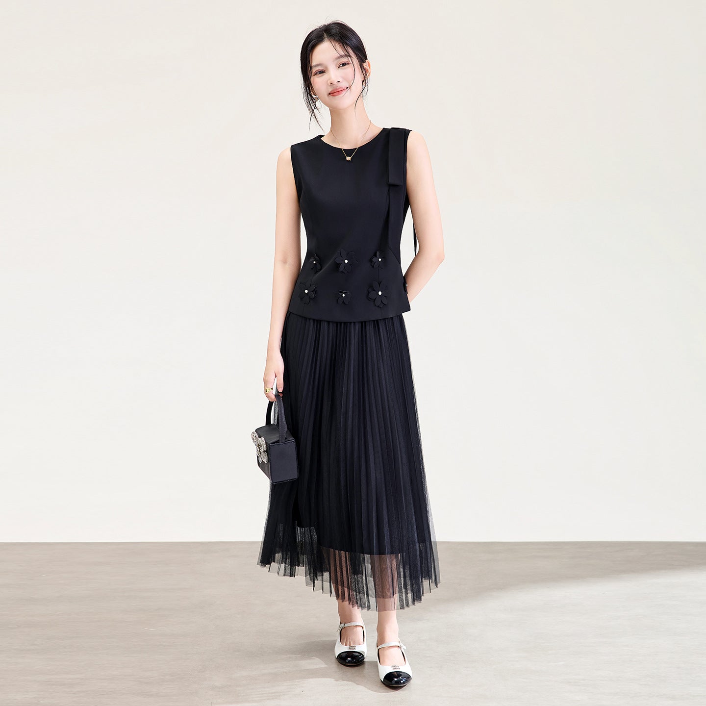 Fashionable Tweed Vest Patchwork Pleated High Waist Dress Spring Summer New Arrival Women's Clothing Elegant Commute Style