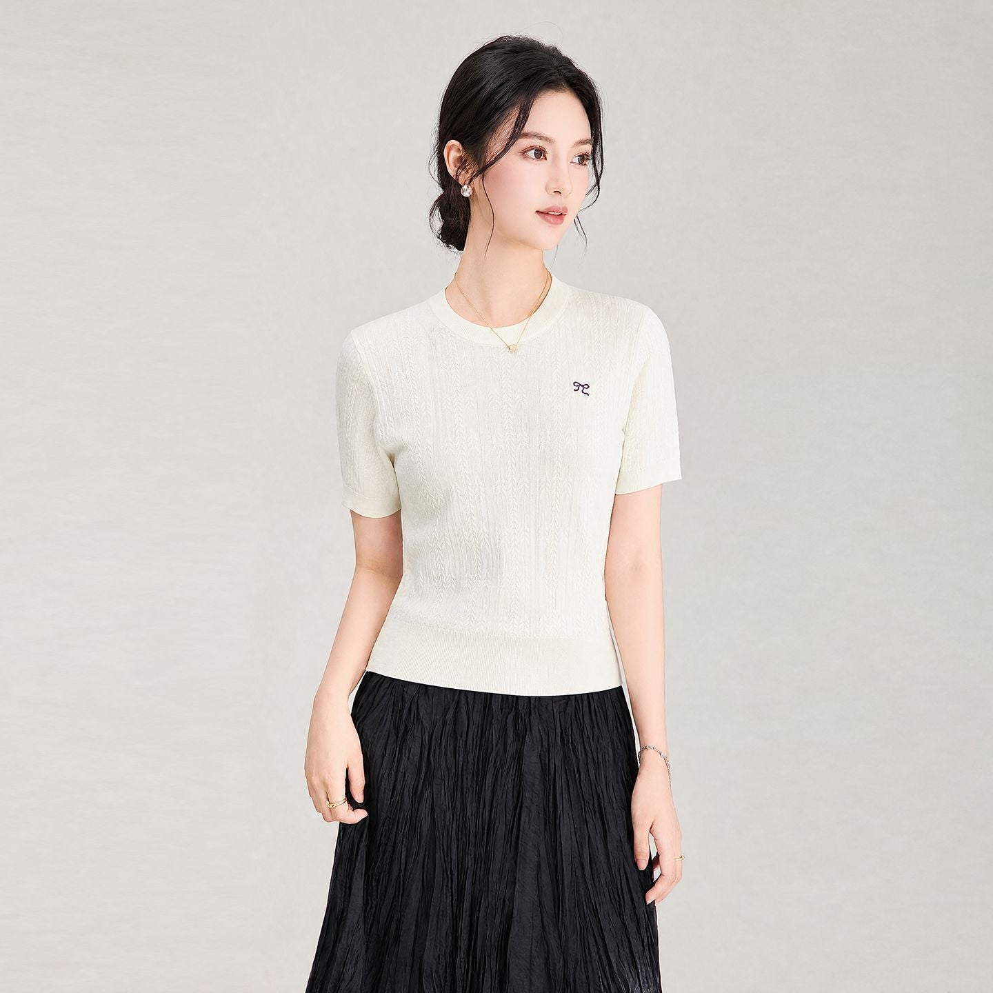 Summer Loose Fit Knitted Ogees Short Sleeve Striped T-Shirt Women's Casual Style Soft Breathable round Neck Top