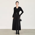 Elegant Black Long Sleeve V-Neck Dress Hepburn Style French Atmosphere Long Dress Polyester Fabric Pure Color Autumn New Arrival