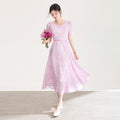 Elegant Short Sleeve Embroidered Lace Dress Square Neck Hollow out Pattern Midi Dress French Style A-Line Skirt Single Piece