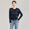 Cartoon Embroidered Women's Wool Knit Cardigan Early Spring Ladies Long Sleeved Sweater Round Neck Knitwear Jacket Tops