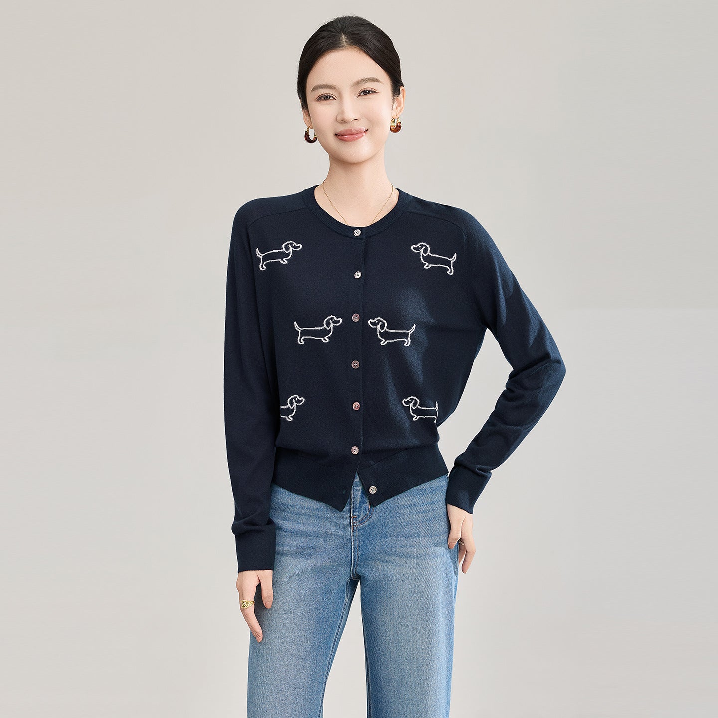 Cartoon Embroidered Women's Wool Knit Cardigan Early Spring Ladies Long Sleeved Sweater Round Neck Knitwear Jacket Tops