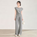 Linen Casual Summer Set Women's round Neck Short Sleeve Slimming Waist Wide Leg Pants Mommy Style Two Piece Suit Cotton Polye...