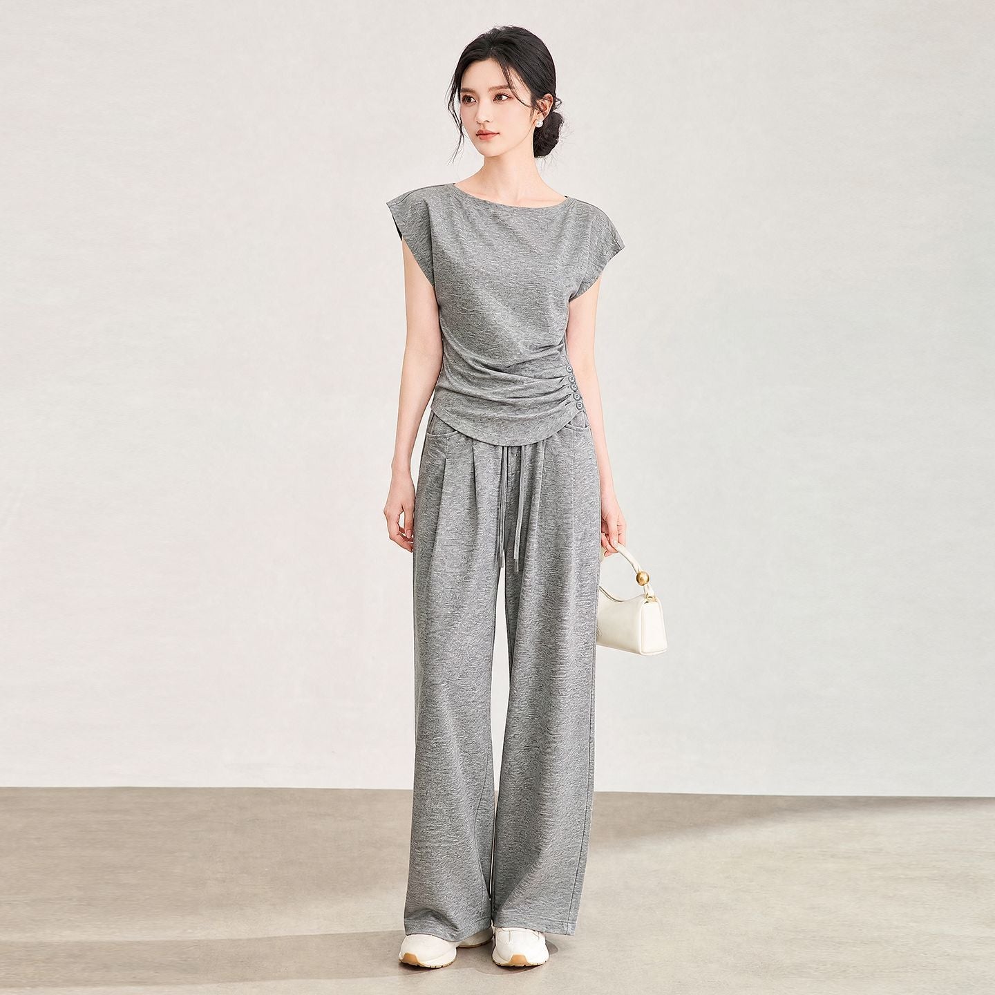 Linen Casual Summer Set Women's round Neck Short Sleeve Slimming Waist Wide Leg Pants Mommy Style Two Piece Suit Cotton Polye...