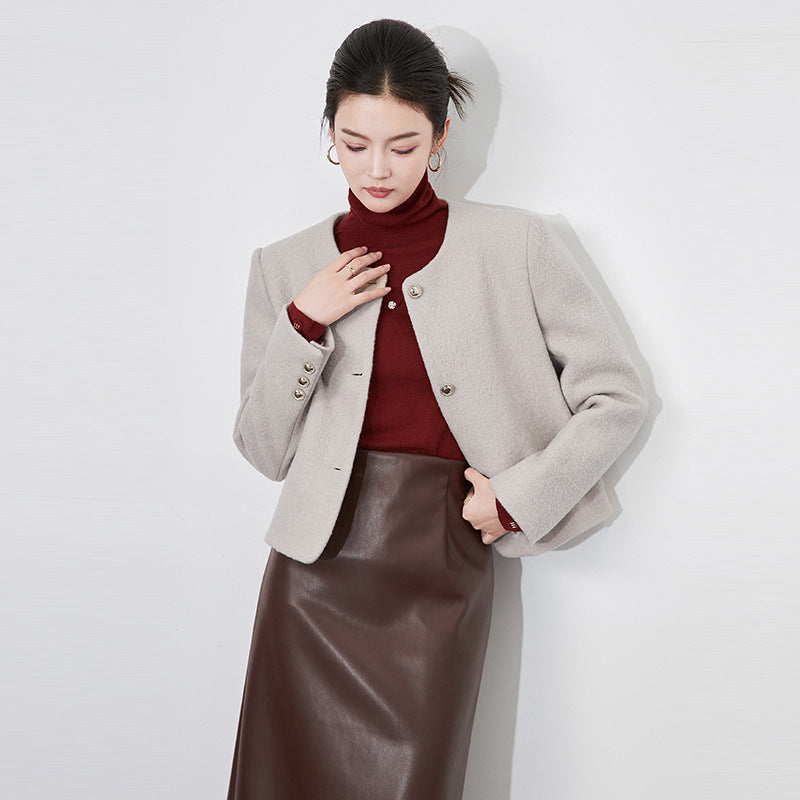 100% Wool Elegant Fashion Jackets For Women Woolen Coats O-neck Long Sleeve Women's Short Jacket Office Lady Solid Coat Slim