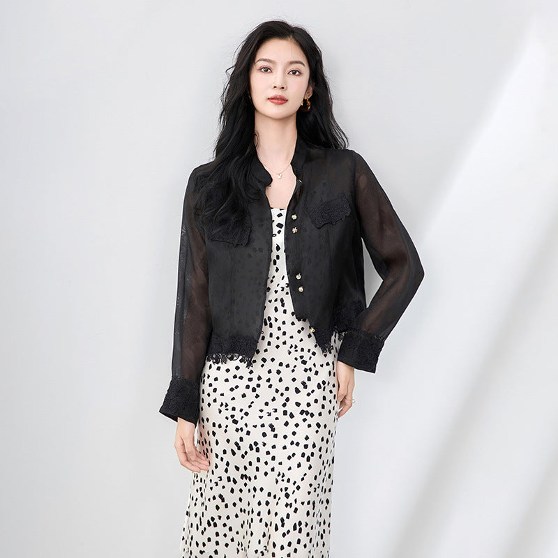Shirt For Woman Spring New Commuter Stand-up Collar With Belt Silk Long Sleeve Top Women's Casual Black Shirt