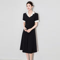 Elegant Commuter Short Sleeve Women's Dress A- Line Skirt V-Neck Midi Dress Color Block High Waist Belt French Style Dress